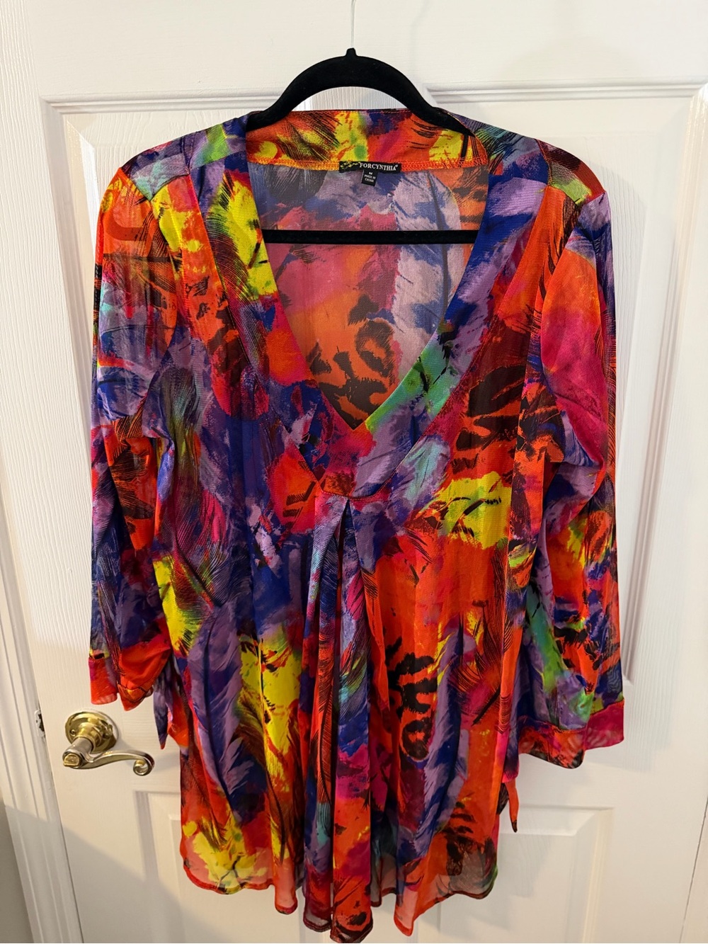 For Cynthia Multicolor Abstract V-Neck Top — Red, Yellow, Purple, Green
